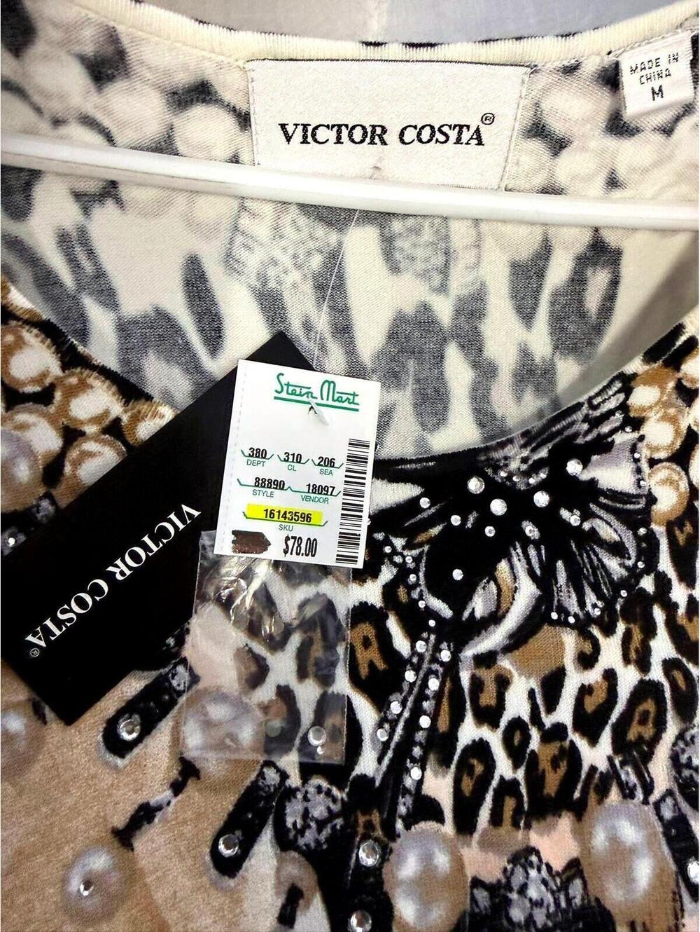 VICTOR COSTA M SPRING SWEATER 3/4 SLEEVE SCOOP NECK LEOPARD PEARL &BOW PRINT NWT - Picture 7 of 8